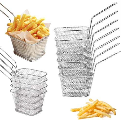 GIRAFEDA 12 cestini per friggere, piccoli cestini da servizio, in acciaio inox, mini cestini per patatine fritte, con manico, per friggere patatine, anelli di cipolla, pepite