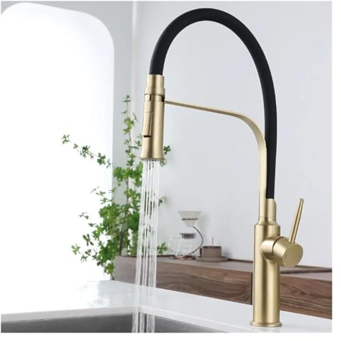 1PCS Matt Schwarz Küche Wasserhahn Arbeitsplatte Montieren Pull-out Küche Mixer Schwenk Fluss Küche Waschbecken Heißer und Kalt wasserhahn (Color : Brushed gold)