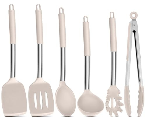 Onader Khaki Kitchen Utensils Set, 6 Pieces Silicone Cooking Utensils | Heat Proof Kitchen Cooking Tools for Non-Stick Cookware, Stainless Steel Handle & Dishwasher Safe & Easy to Clean