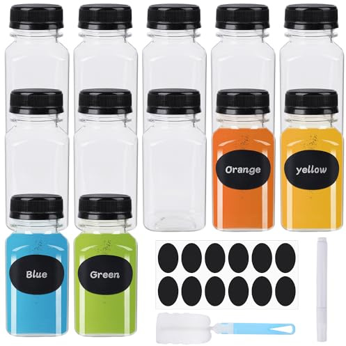 Ezydka 12 Stück Shot Flaschen zum Befüllen 150ml Kleine Plastikflaschen | Saftflaschen Kleine Shot Fläschchen Mini Smoothie Flasche mit Aufkleber, Stifte und Bürste, Wiederverwendbare