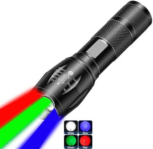 MVIOCS Linterna recargable roja 4 en 1, linterna LED multicolor (blanco/rojo/azul/verde) con 4 modos, linterna con zoom de lúmenes altos para camping, observación, emergencia y aventuras al aire libre