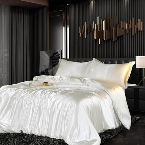 Satin Bed Linen Set 135 x 200 cm 2-Piece White Shiny Silky Touch Plain Duvet Cover Set Silk Smooth Luxury Bedding Set Glossy Satin Polyester Single Bed with Zip and Pillowcase 80 x 80 cm
