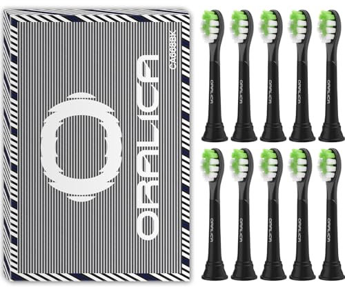 Oralica Kompatibel für Philips Sonicare W DiamondClean Aufsteckbürsten HX6062 HX6063 HX6064, Whitening, Plaque Fleckenentfernung mit mittleren Borsten und Zungenreiniger-Gummi, Schwarz, 10 Stück