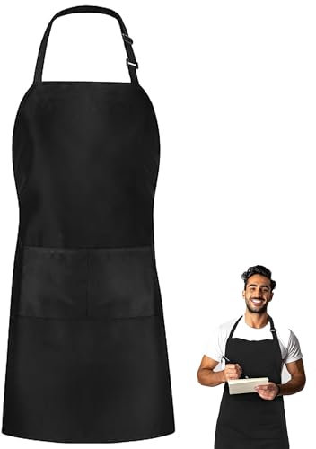 KISUOMAOYI kitchen Apron - Adjustable Bib Chef Apron with 2 Pockets, Waterproof Cooking Apron for Men and Women, Cooking Apron with Long Ties for Kitchen, Baking, Gardening, Catering, BBQ(Black)