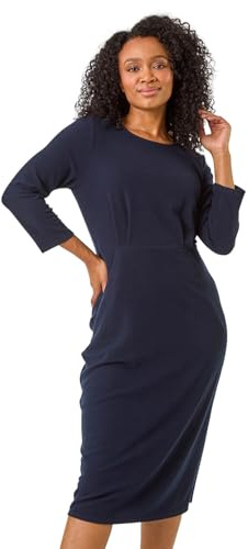 Roman Petite Ribbed Pocket Detail Midi Dress for Women UK - Ladies Autumn Everyday Winter Holiday Round Neckline Comfy 3/4 Sleeve Soft Stretch Frock Desk Office Gowns - Navy - Size 16