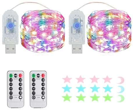 2 Stück LED Lichterkette, 50LED 5M / 17Ft 8 Modi USB lichterkette außen/innen Wasserdichte mit Fernbedienung für Schlafzimmer, Hof, Hochzeit, Weihnachten, DIY etc (Vierfarbig)