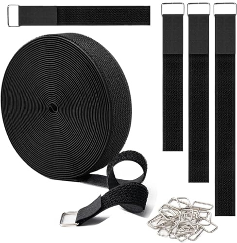 Amtvuzy 1.5 x 32ft 384 in Hook and Loop Straps with 30 Metal Buckles,Black Nylon Straps,Adjustable Fastening Cable Straps,Cut to Length Cinch Strap,Reusable Nylon Cable Ties for Storage or Organizer