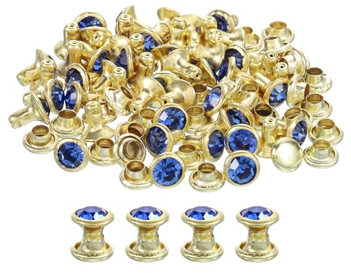 sourcing map 80 rivetti con strass azzurri, 6 mm, rivetti in cristallo, a doppia testa in metallo, con strass, per fai da te in pelle, artigianato, borse, cornice dorata