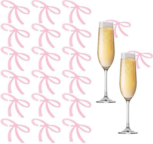 NT-ling Bows Drink Tags, 20PCS Bow Wine Glass Markers, Acrylic Bowknot Charm Wineglass Decor Tag Coquette Birthday Wedding Cocktail Party Decorations Pink Bow Party