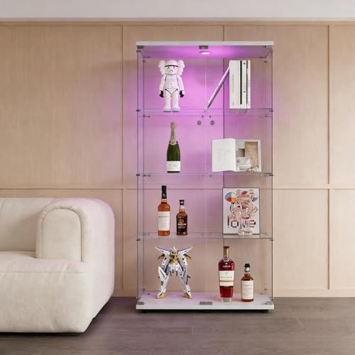 PerGar Glasvitrine Standvitrine mit Schloss und LED, Vitrinenschrank mit 4 Glasböden, Vitrine für Sammlung mit 2 Türen, Glasvitrine für Wohnzimmer, Büro, Weiß, 164x80.5x36.5cm