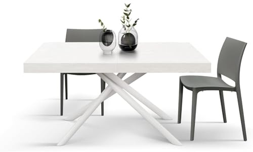 KONTE.DESIGN Carrara Tisch aus Holz, Eschenholz-Finish und Basis aus weiß lackiertem Metall, ausziehbar 180 × 90 cm – 260 × 90 cm