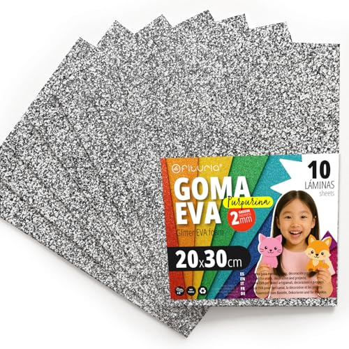 OFITURIA Glitzer-Moosgummi für Bastelarbeiten, Bunter Schaumstoff mit Glitzer für DIY, kreative Projekte, Kunst und Schule 20x30cm (Silber, 10 Stk)