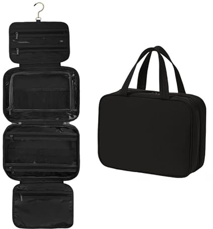 Flaxarne  Kulturtasche Damen wasserdichte  Kosmetiktasche mit 360° Haken, Faltbare Toilettentasche Organizer für Makeup & Toilettenartikel, Kulturtasche Schwarz 30×22×12 cm