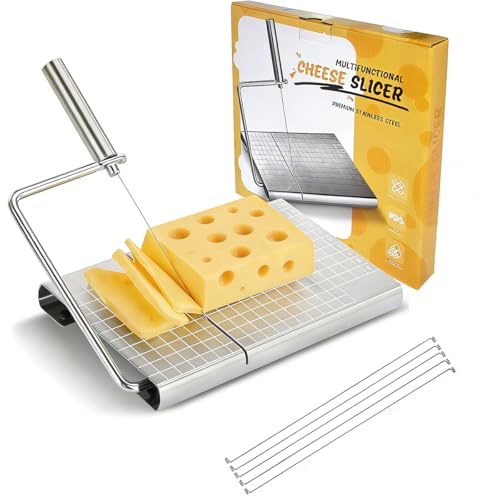 Ruayia Cheese Slicer,Adjustable Stainless Steel Cheese Slicers,5 Replaceable Wire Slicer with Board and Measuring Grids,Essential Kitchen Gadget Tool,Multipurpose for Butter,Ham,Sausage