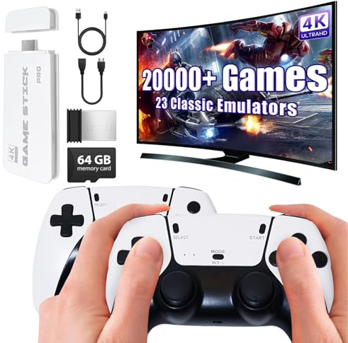 Retro Konsole 2026 Upgrade Spielkonsole Game Stick mit 23 Emulatoren 20.000+ Klassikern, 4K HDMI Plug & Play Spielekonsole mit 2.4GHz Wireless Controllern, Geschenk für Erwachsene & Familien