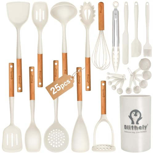 25-teiliges großes Silikon-Küchenutensilienset mit Halter, BPA-freies Kochutensilienset mit Holzgriff, hitzebeständige Silikonspateln mit Wender für antihaftbeschichtetes Kochgeschirr(Weiß)