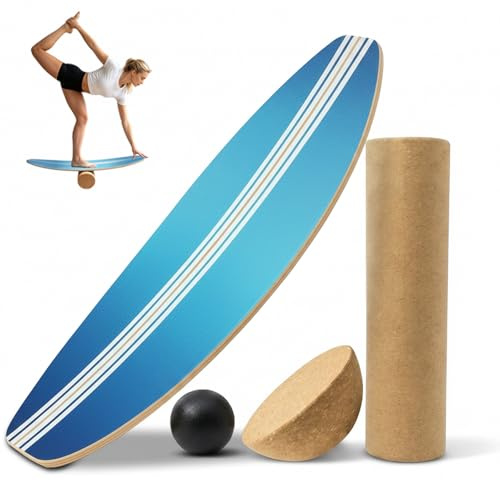 Balance Board Erwachsene Wackelbrett, Gleichgewichtstrainer Holz, Balanceboards für Fitness, Surfin Balance Board, Yoga & Koordination, Korkrolle & Halbkugel und Ball, Rutschfest bis 200kg