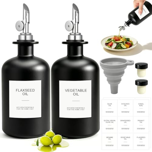 Mispudin 2 Bouteille Huile Olive, Distributeur Huile D'Olive en Verre 500ml avec Bec Verseur en Acier Inoxydable, Étiquettes Imperméable, Entonnoir, Bouchon, Huilier Vinaigrier pour d'Olive, Vinaigre
