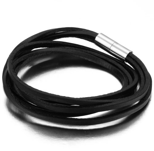 JewelryWe Schmuck Lederarmband Herren Damen Geflochtenes Armband, Regenbogen/Kleeblatt/Engel Flügel/Mehrreihig Armreif, Edelstahl Leder, Schwarz