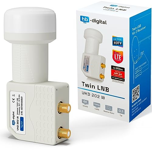 HB-DIGITAL Universal Twin LNB Blanc - UHD 4K Full HD DVB-S/S2 - Facteur de bruit de 0,1 dB - pour deux récepteurs satellite (connexion directe) - Contacts dorés - Protection contre les intempéries