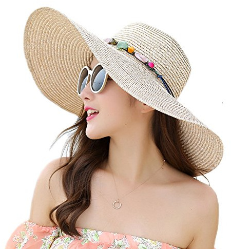 Adrinfly Women Foldable Floppy Wide Brim Straw Sun Hat Travel Packable Adjustable Summer Beach Accessories Hat UV UPF 50+, Khaki, One Size