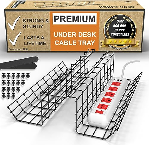 Scanfield Set of 2 Cable Tidy Under Desk Cable Management, Under Desk Cable Management Tray, Maximises Airflow, Sturdy & Spacious Cable Tray Wire Organiser, Easy To Install, Modular Cable Rack Storage