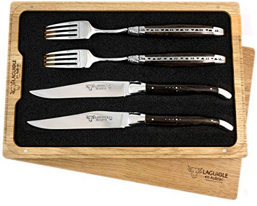 LAGUIOLE en Aubrac Premium Steakbesteck geschmiedet Set 2 Steakmesser und 2 Steakgabeln fossile Mooreiche