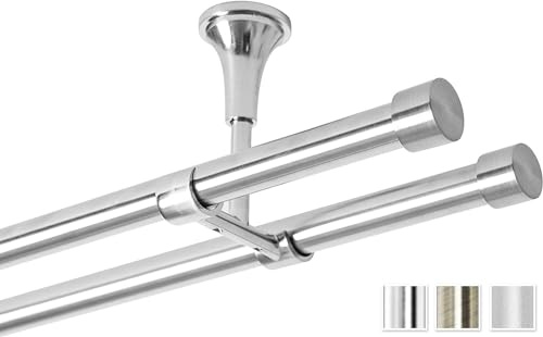 Rollmayer Gardinenstange Ø19mm 240cm Edelstahl Deckenbefestigung mit Crux | 2-läufig, ohne Ringe, für Schlafzimmer und Büro