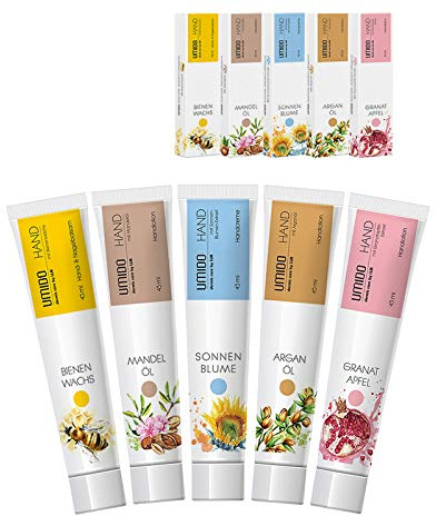 UMIDO 5 Stück Set Hand-Lotion Set 45 ml | 1x Bienenwachs | 1x Mandelöl | 1x Sonnenblume | 1x Arganöl | 1x Granatapfel | Hand-Pflege | Handcreme Set