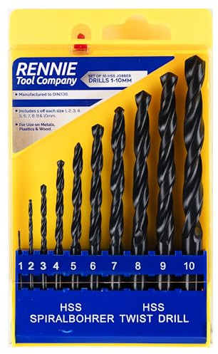 Rennie Tool 1-10mm HSS Jobber Drill Bit Set 10 Piece (PCS) / 1mm Increments | For Wood, Plastic, Non-Ferrous Metals & Steels. Includes 1mm 2mm 3mm 4mm 5mm 6mm 7mm 8mm 9mm & 10mm Drill Bits