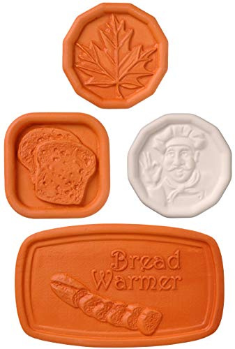 JBK Pottery Kitchen Bundle - Brown Sugar Keeper Disc, Bread Saver Tile, Pot Minder, and Terracotta Bread Warmer – Clay Kitchen Accessories for Baking, Storage, and Cooking - Ceramic Pack - Set of 4