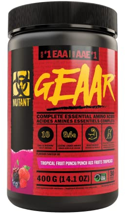 MUTANT GEAAR | 9.4g of EAA Powder + Arginine, 7g of BCAAs, 4g Leucine, Electrolytes, No Artificial Colours or Flavours | 30 Servings | Tropical Fruit Punch | 378g