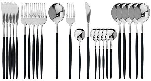 JASHII - Besteckset 24-teilig Edelstahl Titan Schwarz Silber Modern Elegant Geschirrset für Party, Weihnachten, Abendessen (Schwarz)
