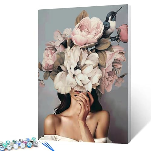 Tucocoo Måla efter nummer, motiv med kvinnohuvud av blommor, i modern stil, akryl, oljemålning-set, fin heminredning, måla efter siffror, perfekt för vuxna/nybörjare, utan ram – 40 x 50 cm