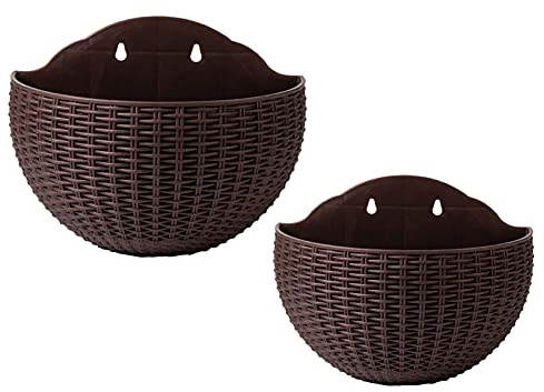 HOUI 2 PCS Imitation Rattan Wall Hanging Planter, Semicircle Plastic Plant Baskets Container Flower Pot with Drainage and Hooks for Balcony Fence Indoor Outdoor Home Office Decoration Gift
