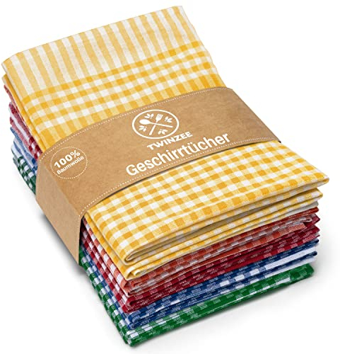 Twinzee Strofinacci Cucina Cotone (Set da 10) Quadretti - 100% Cotone - 47 x 67 cm - design retrò - Asciuga Piatti e Mani - 2 Blu, 2 Rosso, 2 Verde, 2 Arancione, 2 Giallo