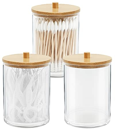 3 Pezzi Porta Cotton Fioc con Coperchio in Bambù, Contenitori in Acrilico Trasparente Porta Dischetti Cotone Porta Dispenser Cotone Scatola Portaoggetti per Tamponi Cotone, Batuffoli Cotone
