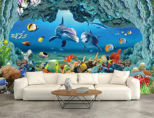 Bormia Wall Mural Underwater Wallpaper 3D Dolphin Large Photo Wallpaper for Livingroom Bedroom Kids Room Nursery, 151x105