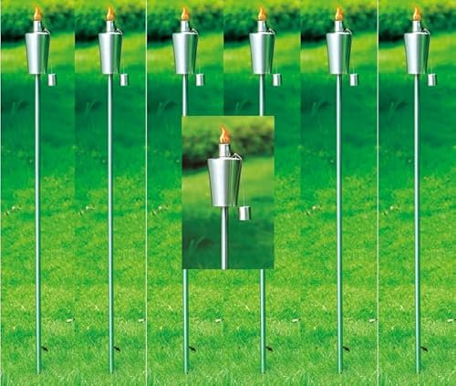 Garden Haven® High Quality Stainless Steel Fuel-Lit Oil Paraffin Garden Tiki Torch Lantern Light Torches Pack of 6-230ml Capacity Child Proof Wicks Outdoor Path 146cm Length, Summer Citronella