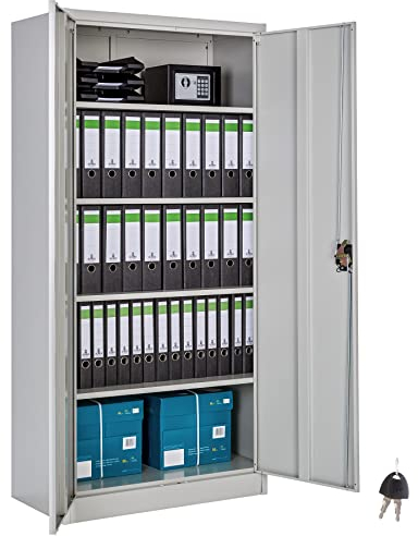 tectake® Aktenschrank, Büroschrank abschließbar, Mehrzweckschrank aus Stahl, Allzweckschrank mit 2 Türen, inkl. 3 höhenverstellbare Einlegeböden, Aktenschrank abschließbar 180x80x40 cm - grau