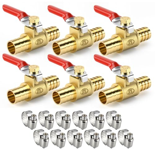 Bwintech 6 Stück 6mm Kugelventil aus Messing mit Widerhaken mit 12 Stück Klemmen, Luft Gas Kraftstoffleitung abgesperrt 180 Grad Betätigungsgriff Ventilrohrverschraubungen