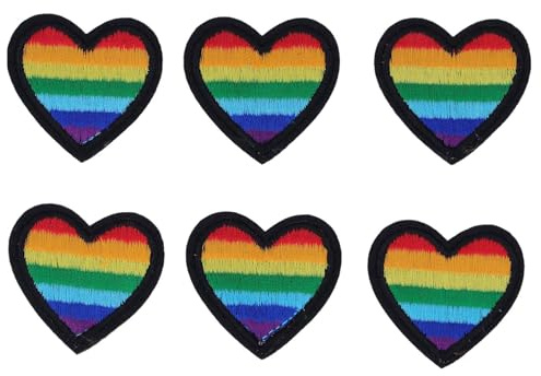 6 Stück Regenbogen-Herz-Patches, Farbenfrohe Stickerei-Abzeichen mit schwarzem Rand zum Aufbügeln und Nähen for Rucksäcke, Jacken, Kleidung