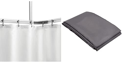 Sealskin Komplett Set Easy Roll Duschvorhangstange, Farbe: Chrom-matt, Duschvorhanghalterung zur individuellen Montage auf Maß, Aluminium & Textil Duschvorhang Madeira, Grau, B x H: 240 x 200 cm
