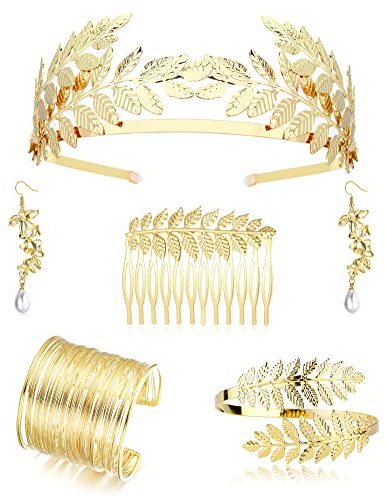 ORAZIO 5 Stück Griechische Göttin Kostüm Zubehör Set für Frauen, Griechische Göttin Lorbeerblätter Krone Stirnband Arm Spule Armband Manschette Perle Ohrring, Braut Haar Kamm Hochzeit Kopfstück