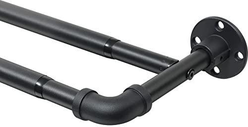 Harrms Industrial Double Curtain Pole, Curtain Poles for Eyelet Curtains, Matt Black, 74-346cm, Extendable Metal Curtain Rod Blackout Room Darkening Curtain Pole for Bedroom Living Room
