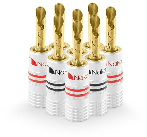 Nakamichi 24K vergoldeter Bananenstecker 12 AWG - 18 AWG Gauge Größe 4mm für Lautsprecher Verstärker Hi-Fi AV Receiver Stereo Heimkino Audiokabel Stecker BFA Stecker, 8 Stück (4-Paar)