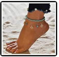 Fußkettchen mit Türkisfarbenen Blumen 2 Stück Kristallperlen Fußkettchen Boho Geschnitzt Geometrisch Sommer-Fußkette Schmuck für Frauen Mädchen (Gold)
