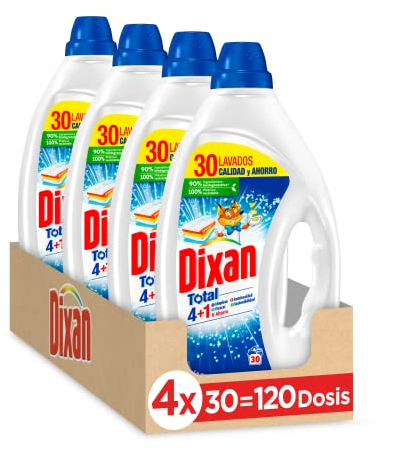 Dixan Gel Total 4+1, Detergente Líquido para Lavadora (pack de 4, total: 120 lavados), jabón para ropa blanca y clara. Limpieza, luminosidad, frescor y sostenibilidad.