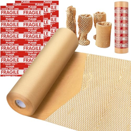 Honeycomb Packing Paper, MINHAO 15x100ft Eco Friendly Packing Paper for Moving Recyclable Honeycomb Paper Moving Supplies Bubble Paper Wrapping Protective Roll, With 36 Fragile Sticker Labels