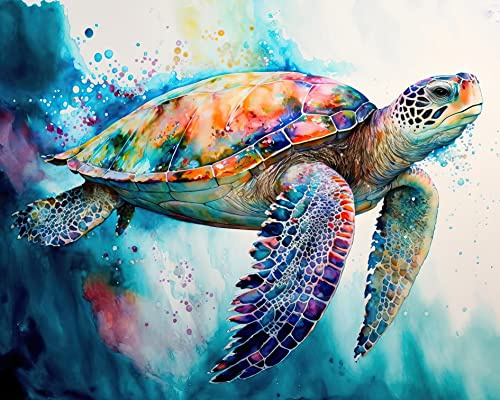 TISHIRON Paint by Numbers for Adults Sea Turtle, Art Crafts for Home Decor | Marine animals theme, canvas art kit with acrylic paints and 3 brushes, relaxing DIY craft, unique gift, 16x20 frameless
